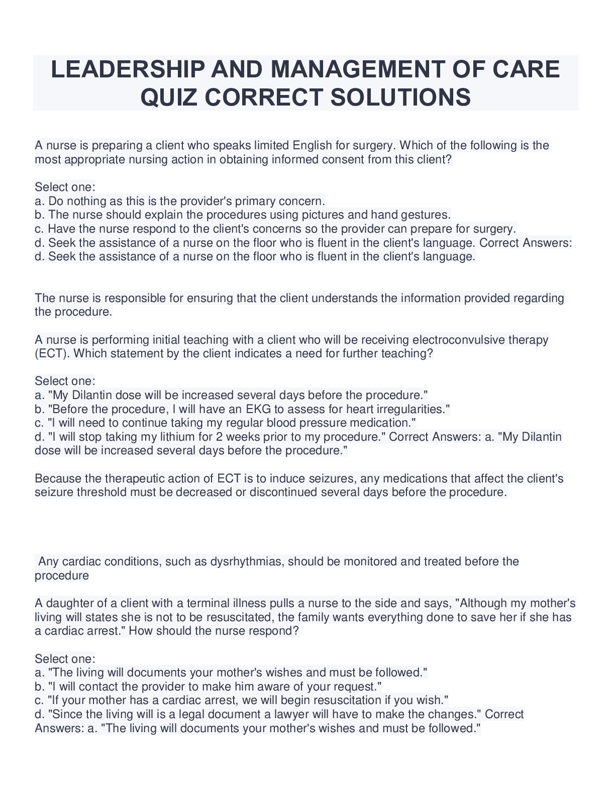 Preview image for LEADERSHIP AND MANAGEMENT OF CARE QUIZ CORRECT SOLUTIONS